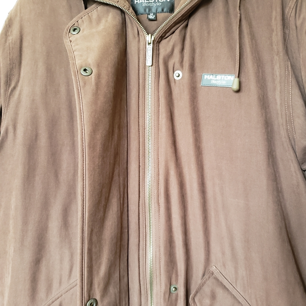 Halston Brown Coyote Fur Hood Zip Up Winter Coat - Picture 2 of 14